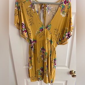 Rip Curl Mustard Floral V-Neck Mini Dress